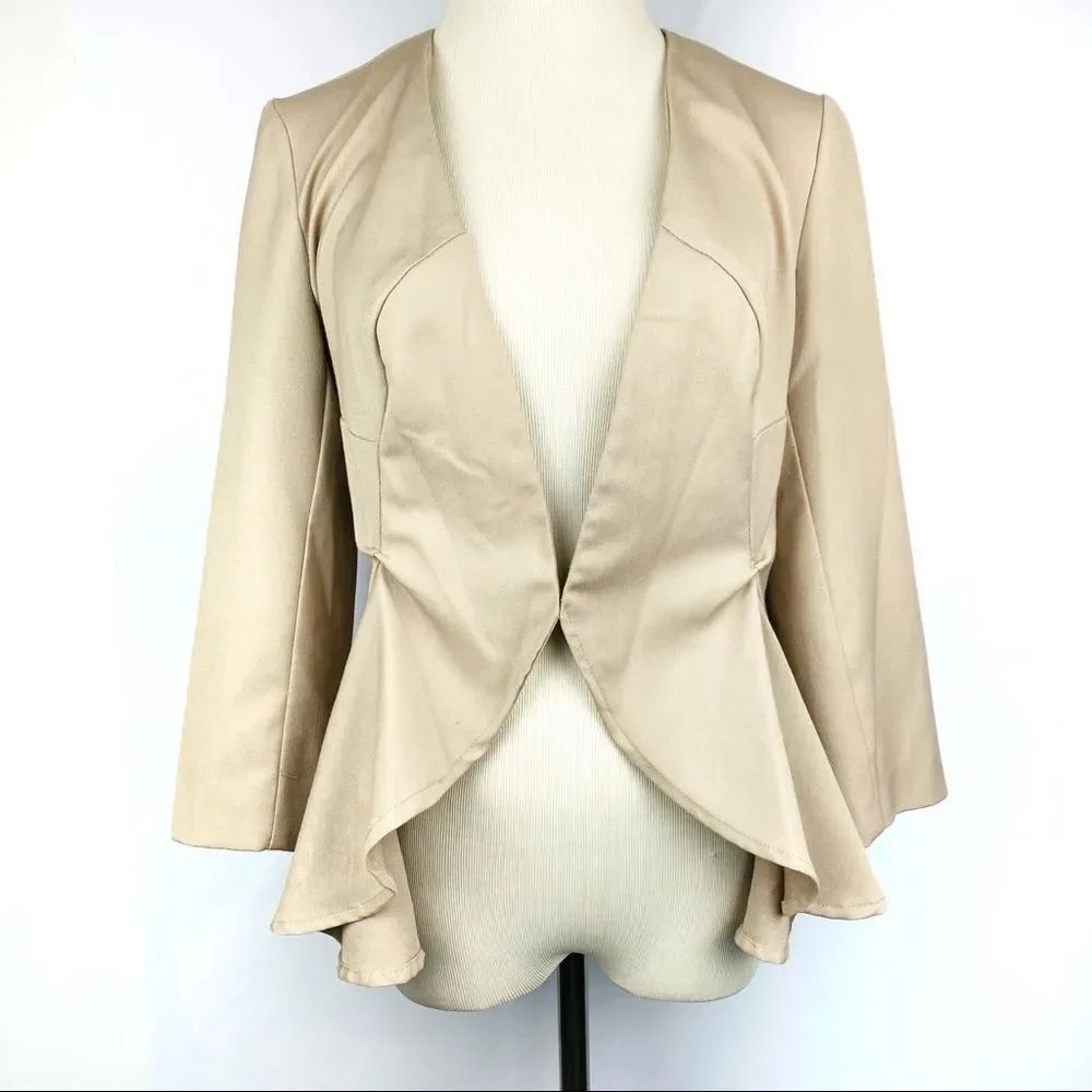 WORTHINGTON Tan Khaki Draped Open Peplum Blazer Jacket